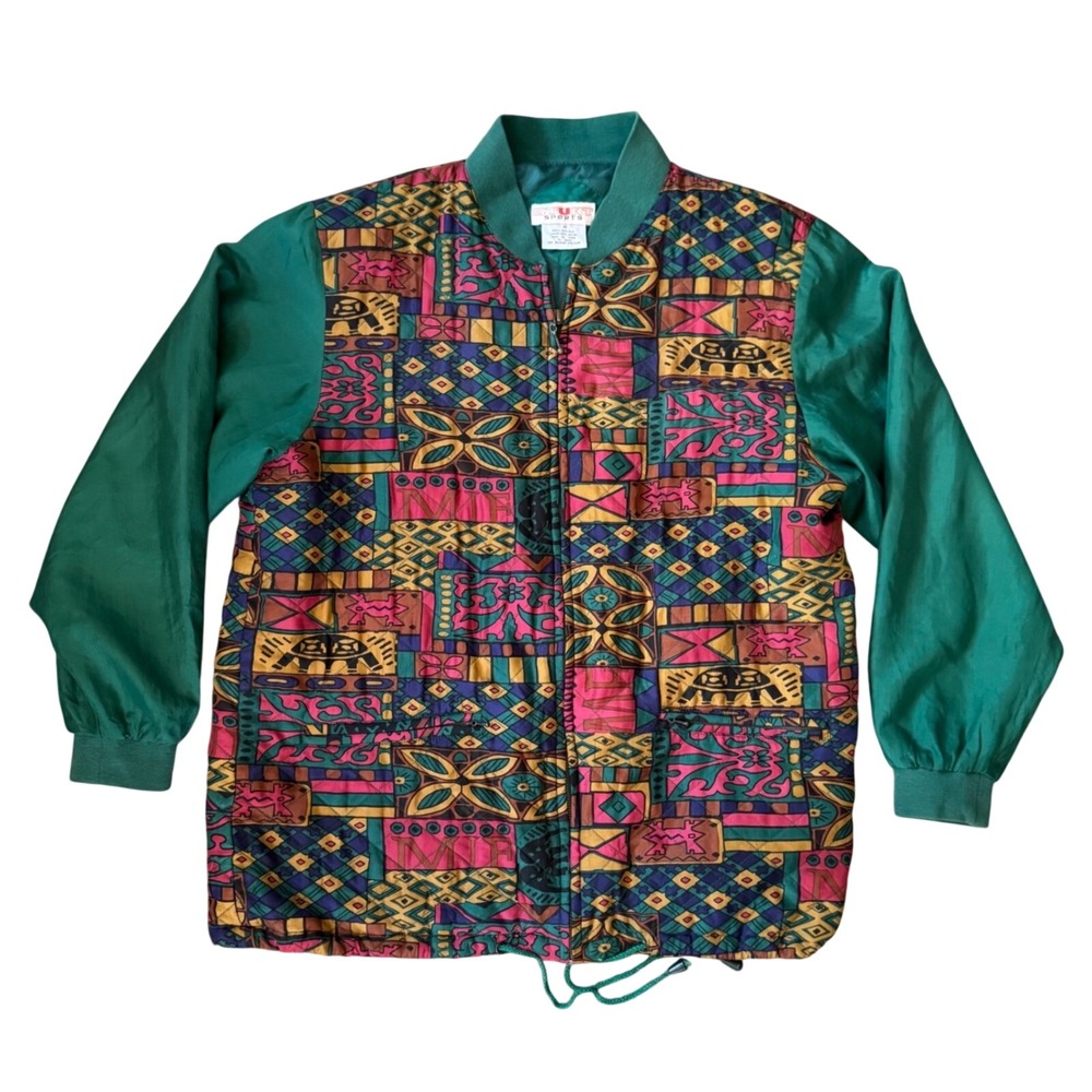Vintage 90s Stunt Sports 100%‎ Silk Bomber Jacket Geometric Retro Windbreaker M